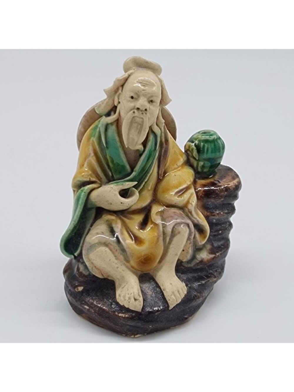 Chinese Mudman Clay Figure Seated Elderly Man With Green Vase Vintage